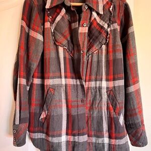 CAbi Red and Gray Plaid Utility Jacket